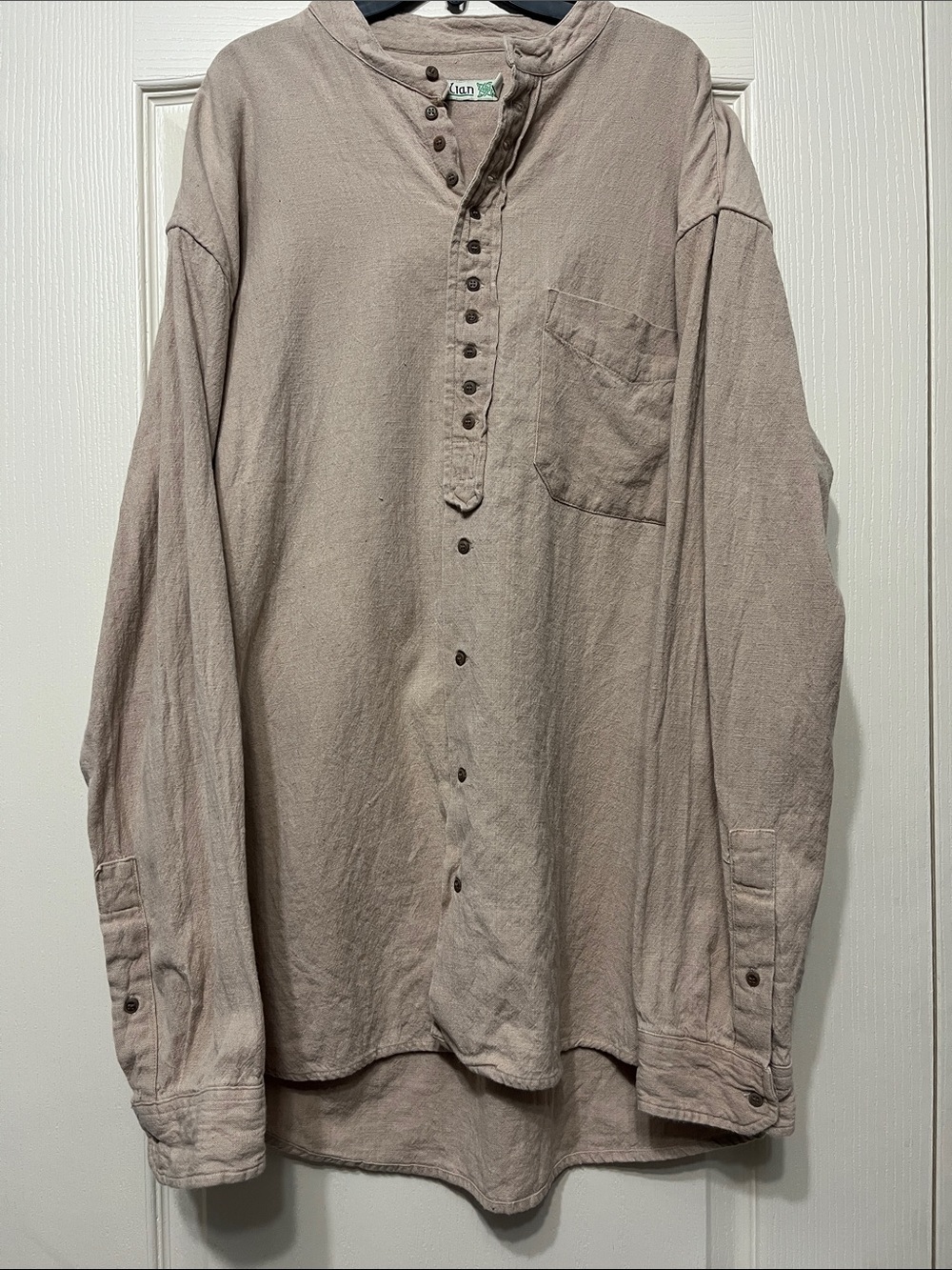 Civilian Men's Irish Grandfather Shirt Beige Button-Down Cotton Size Large